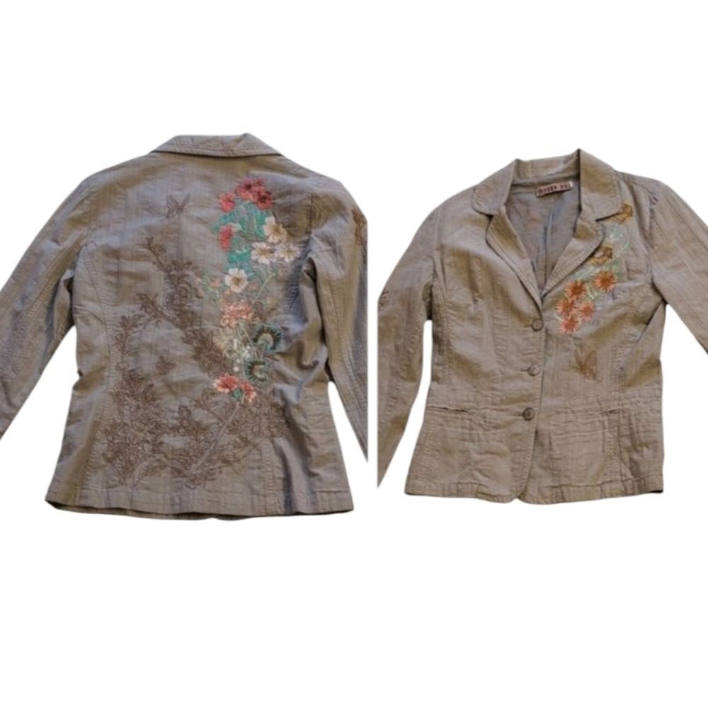 Johnny Was Cotton Jacket Embroidered Flowers Butterfly Button Down Size M
